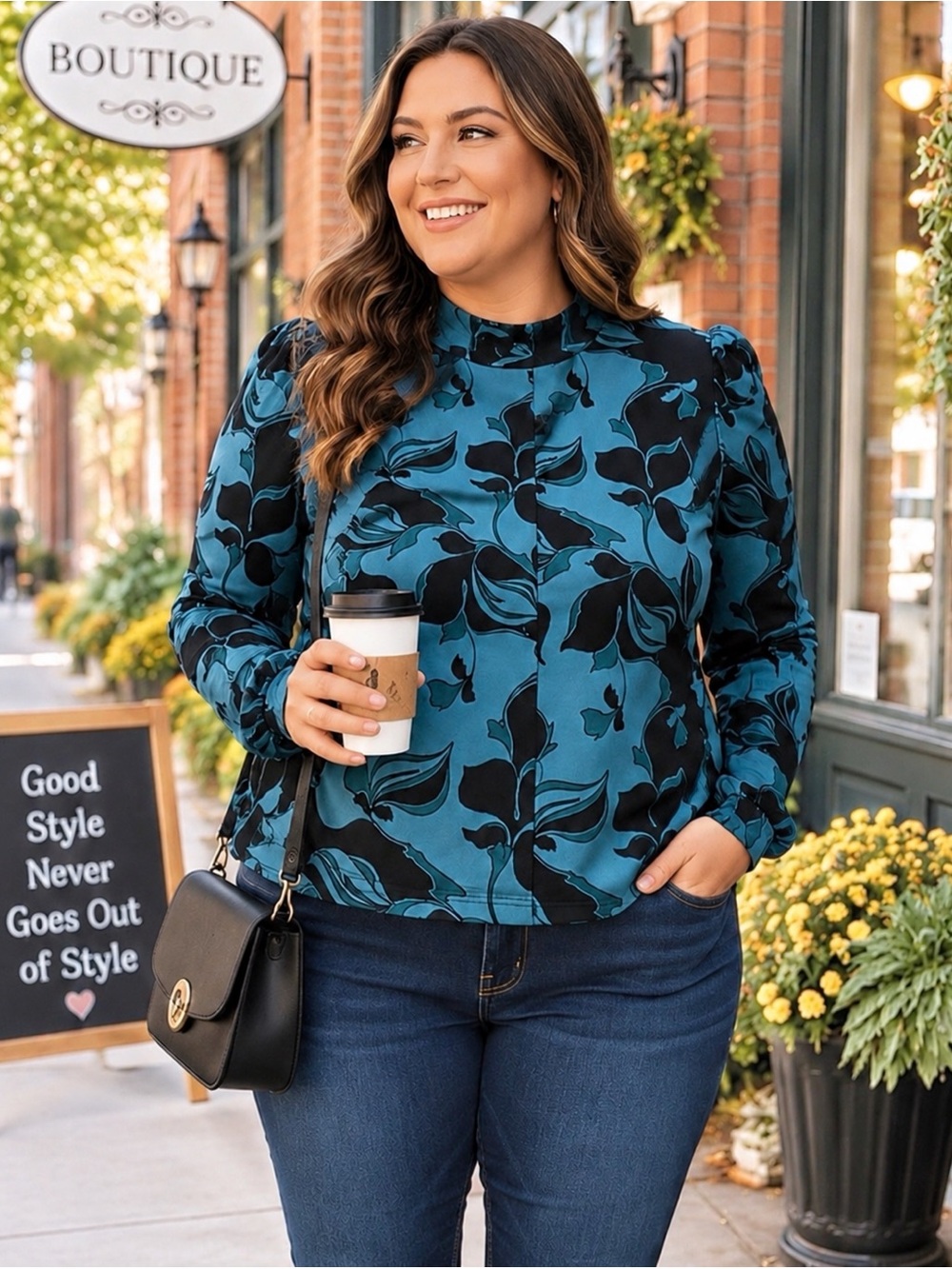 Cato XL Teal Black Floral Blouse Puff Sleeve Mock Neck Stretch Top
